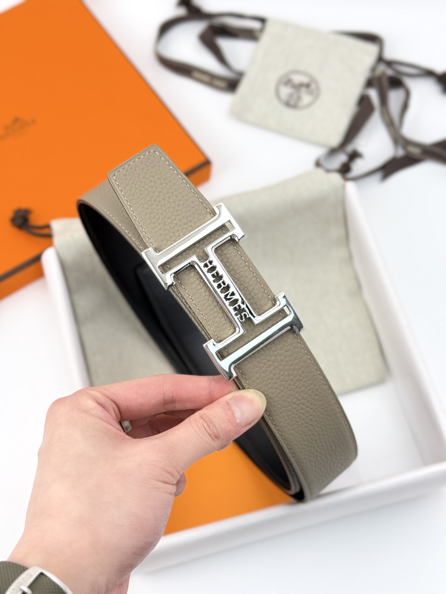 HermÃ¨s H Belt in Taupe Leather with Palladium-Plated Buckle