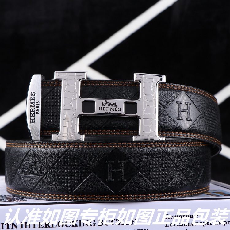 HermÃ¨s H Belt with Silver-Plated Buckle and Embossed Leather Strap