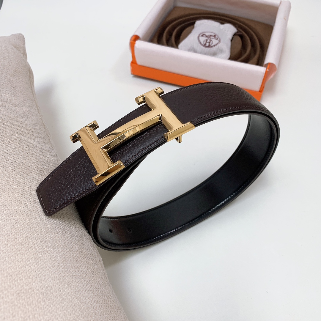 HermÃ¨s H Buckle Belt Dark Brown & Black Reversible Togo Calfskin with Gold Hardware