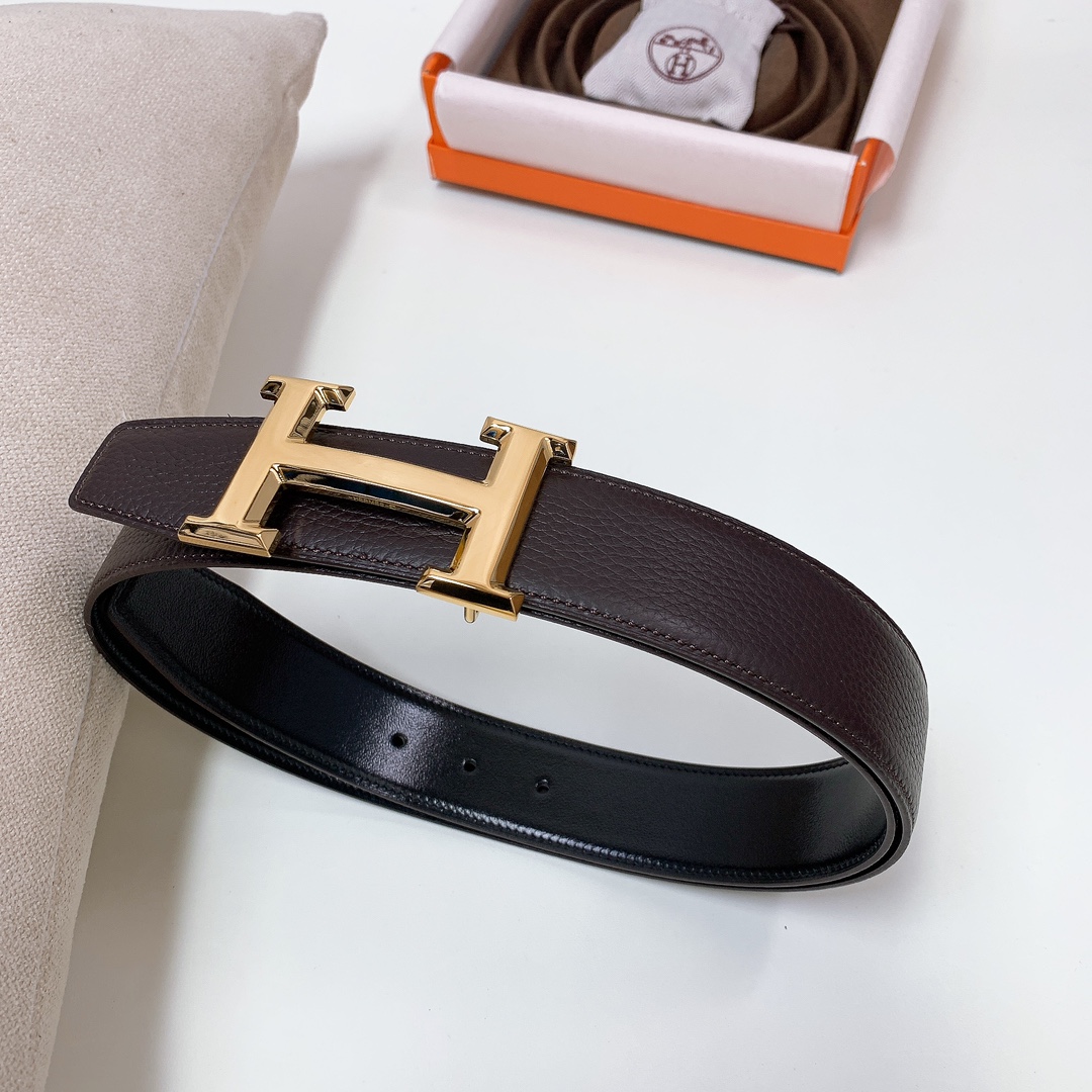 HermÃ¨s H Buckle Belt Dark Brown & Black Reversible Togo Calfskin with Gold Hardware