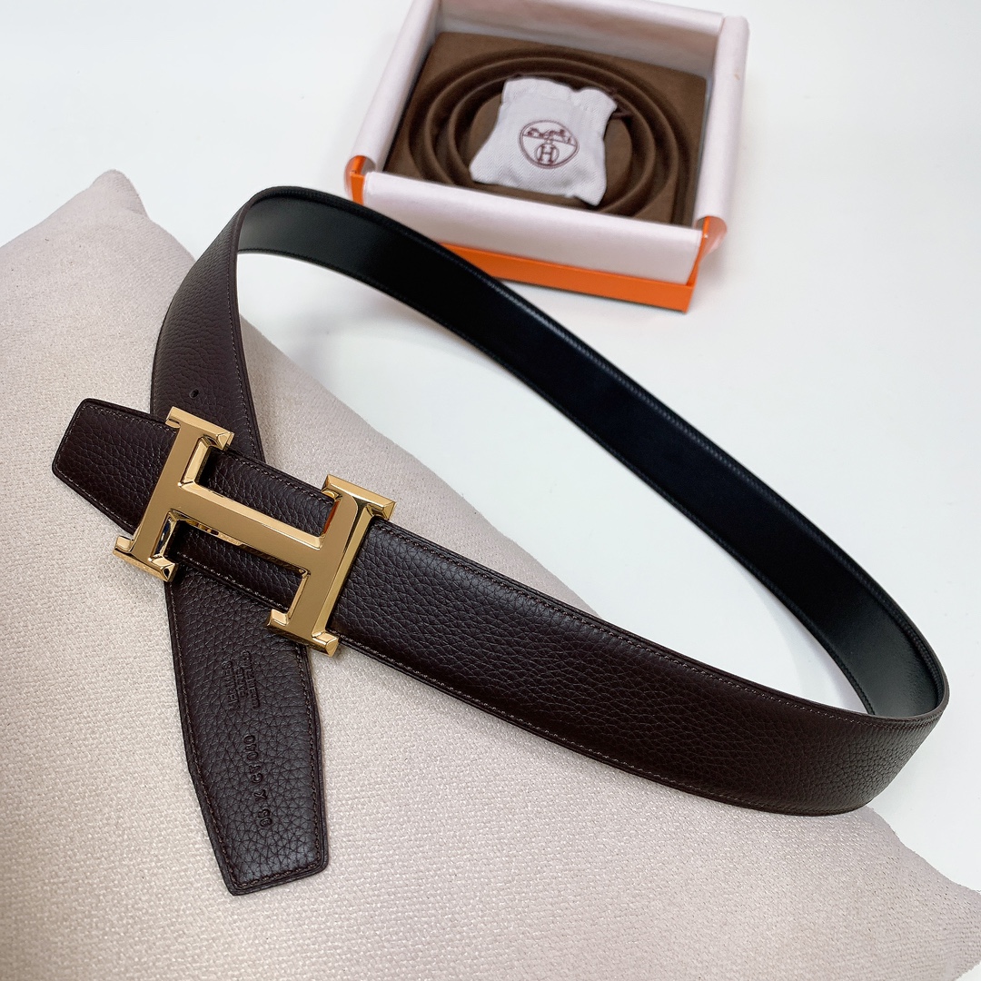 HermÃ¨s H Buckle Belt Dark Brown & Black Reversible Togo Calfskin with Gold Hardware