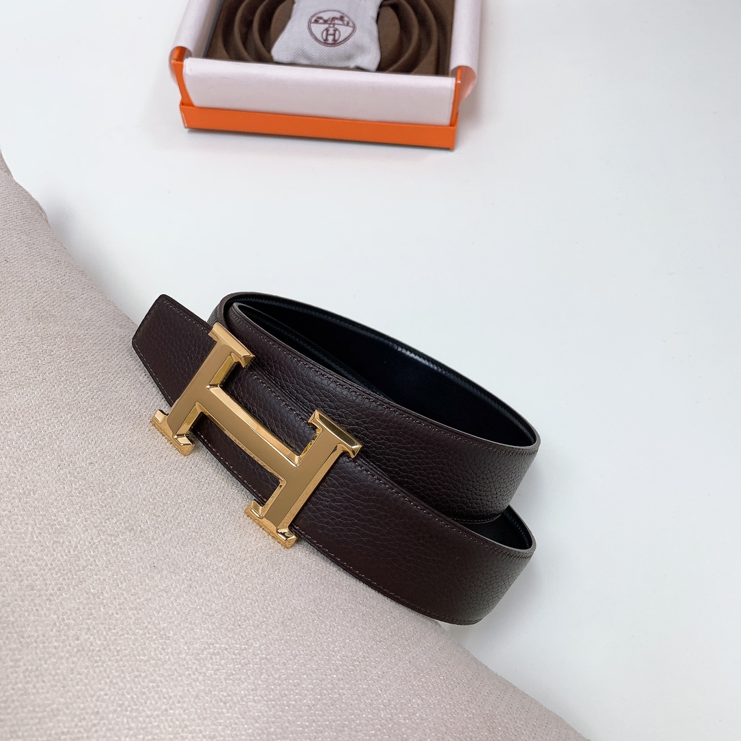 HermÃ¨s H Buckle Belt Dark Brown & Black Reversible Togo Calfskin with Gold Hardware