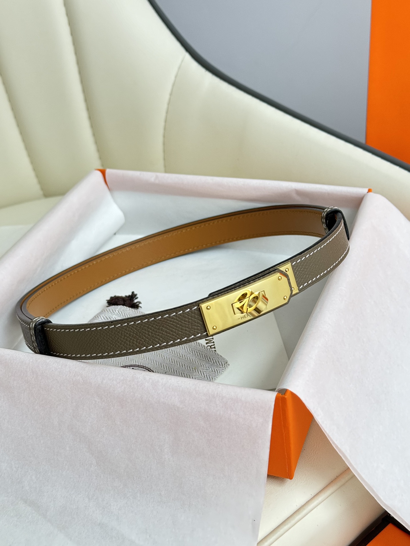 HermÃ¨s Kelly Belt Etoupe Epsom Leather with Gold-Tone Hardware