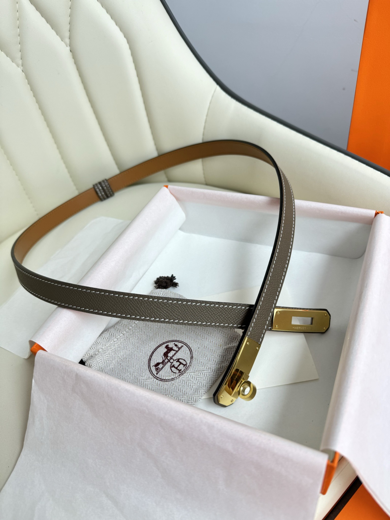 HermÃ¨s Kelly Belt Etoupe Epsom Leather with Gold-Tone Hardware