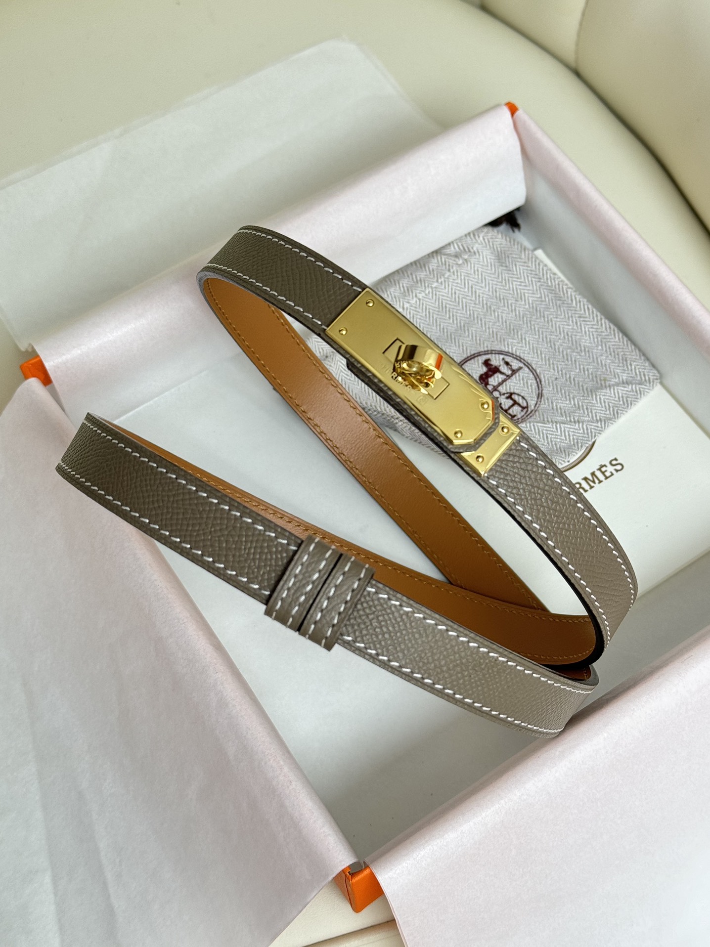 HermÃ¨s Kelly Belt Etoupe Epsom Leather with Gold-Tone Hardware