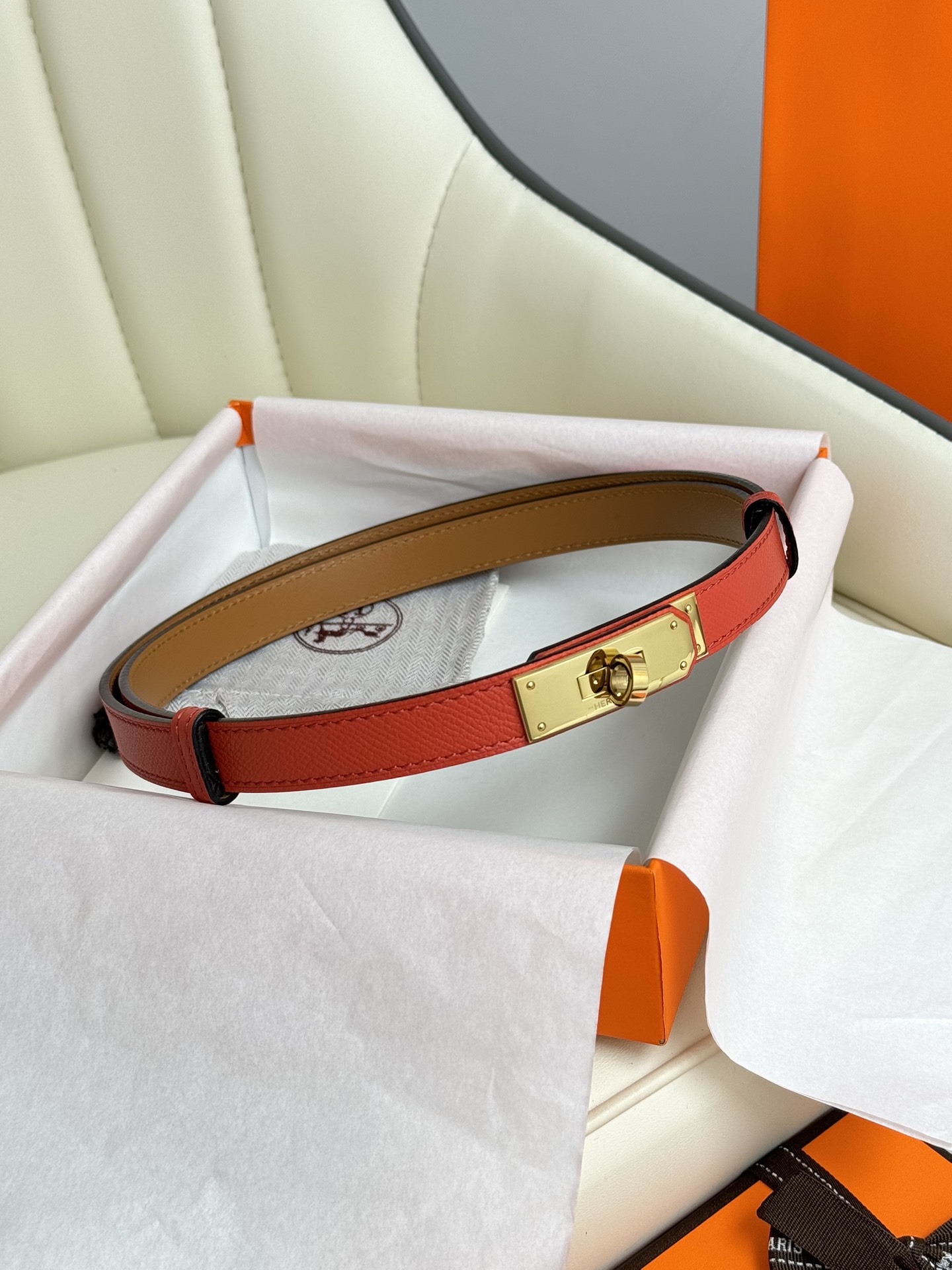 Hermes Rouge Casaque Leather Belt gold