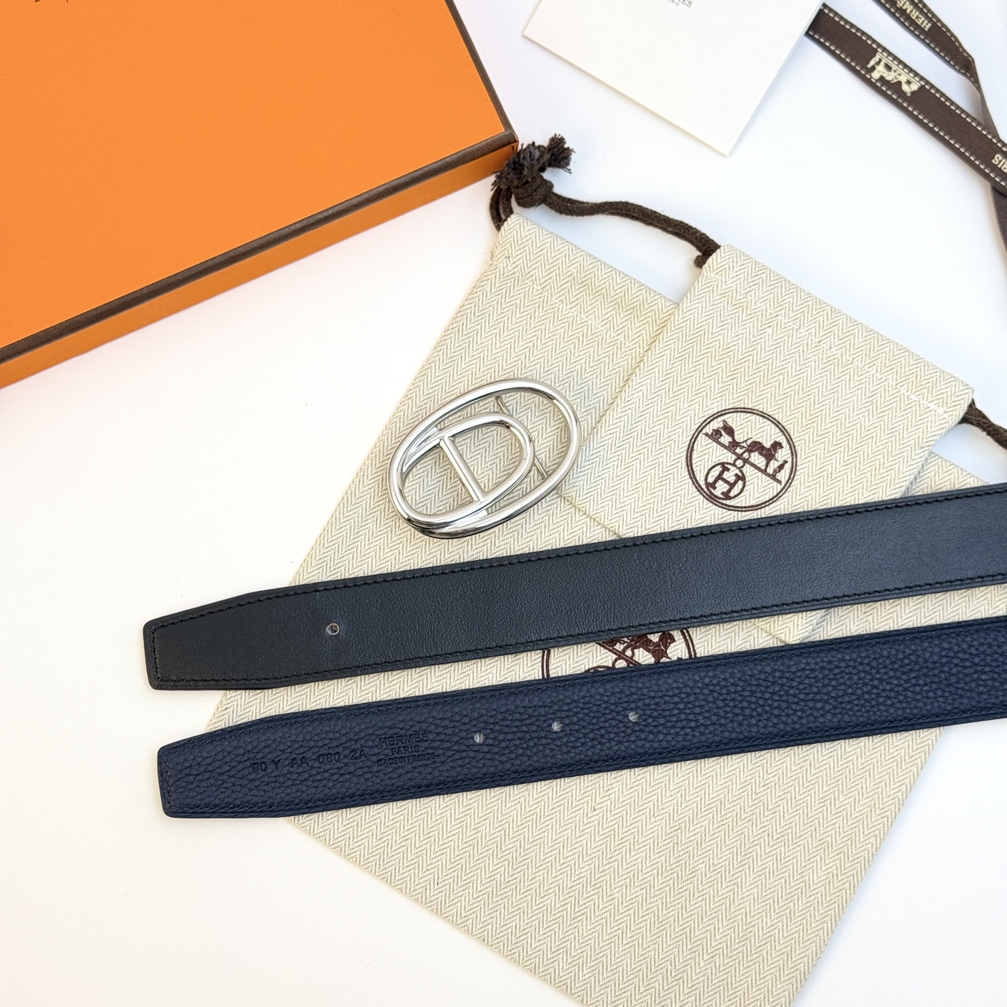 HermÃ¨s OdyssÃ©e Buckle Reversible Belt 32mm in Black and Navy Calfskin Leather with Palladium Finish