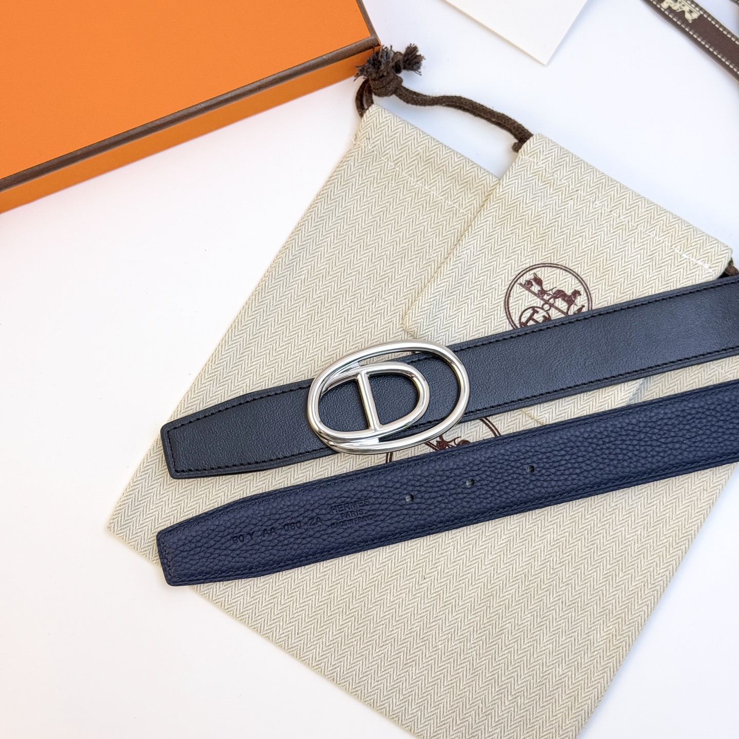 HermÃ¨s OdyssÃ©e Buckle Reversible Belt 32mm in Black and Navy Calfskin Leather with Palladium Finish