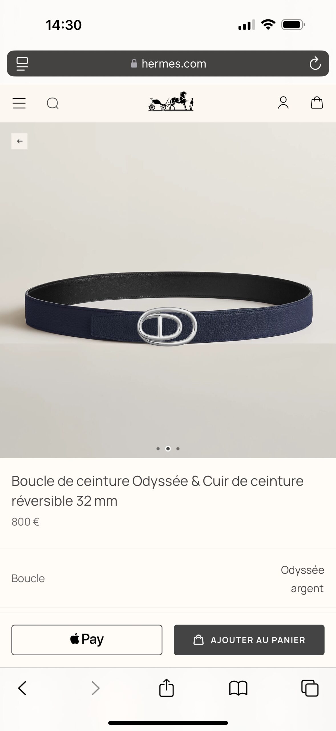 HermÃ¨s OdyssÃ©e Buckle Reversible Belt 32mm in Black and Navy Calfskin Leather with Palladium Finish