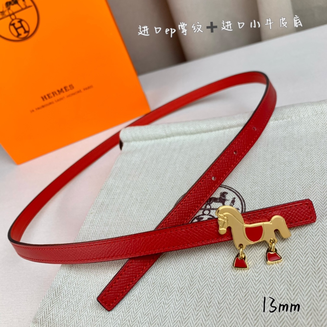 HermÃ¨s Red Calfskin Leather 13mm Belt with Gold Horse Buckle