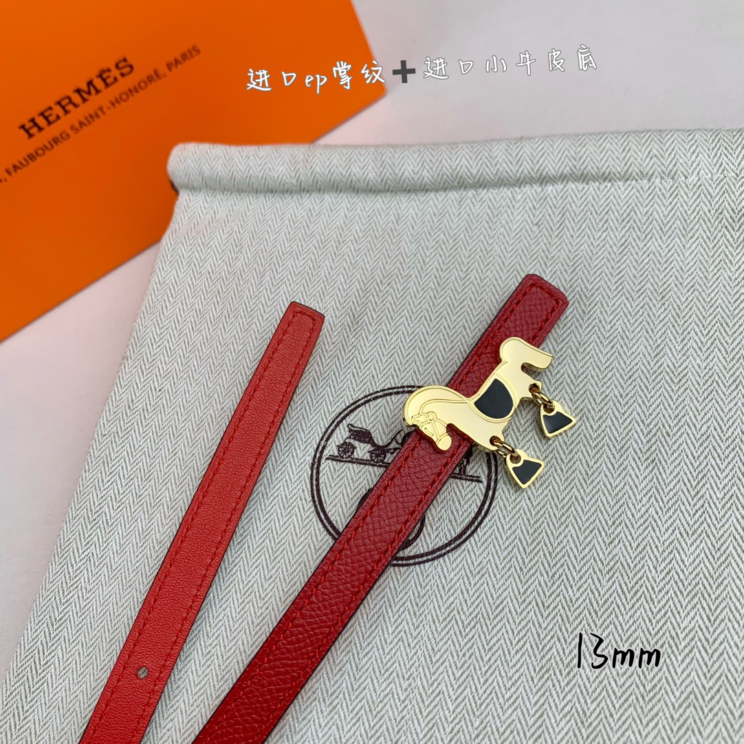 HermÃ¨s Red Calfskin Leather 13mm Belt with Gold Horse Buckle