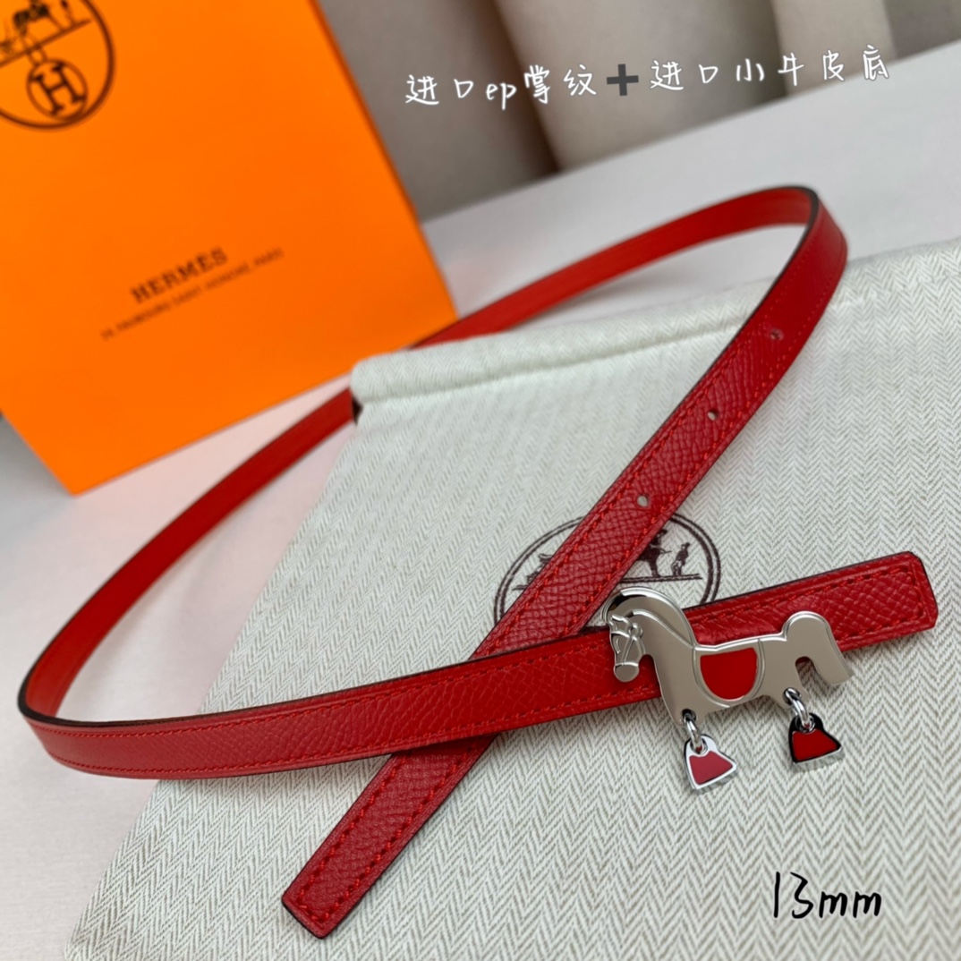 HermÃ¨s Red Calfskin Leather 13mm Belt with Gold Horse Buckle