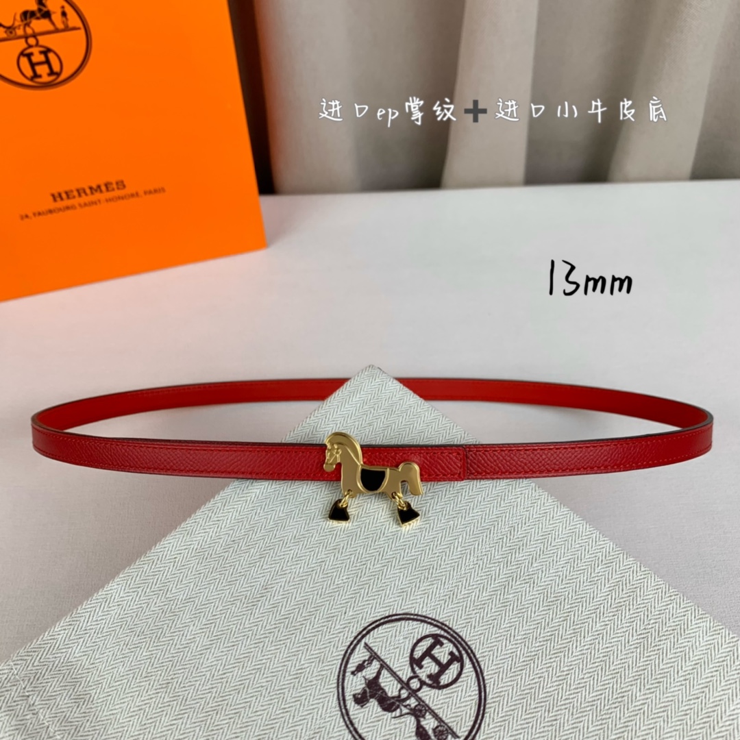 HermÃ¨s Red Calfskin Leather 13mm Belt with Gold Horse Buckle