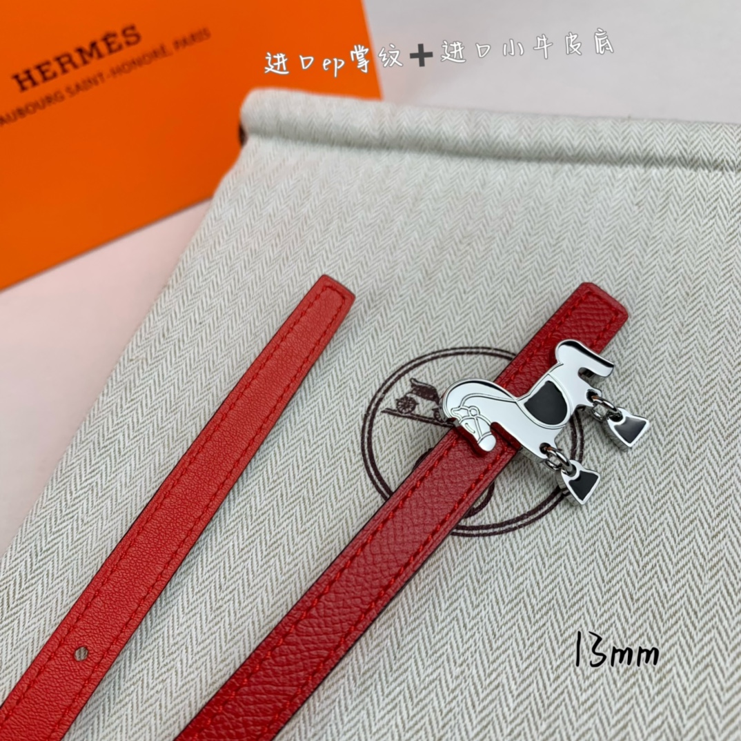HermÃ¨s Red Calfskin Leather 13mm Belt with Gold Horse Buckle