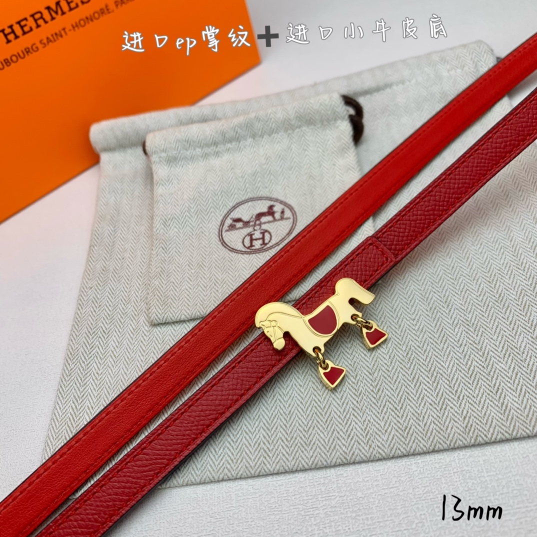 HermÃ¨s Red Calfskin Leather 13mm Belt with Gold Horse Buckle