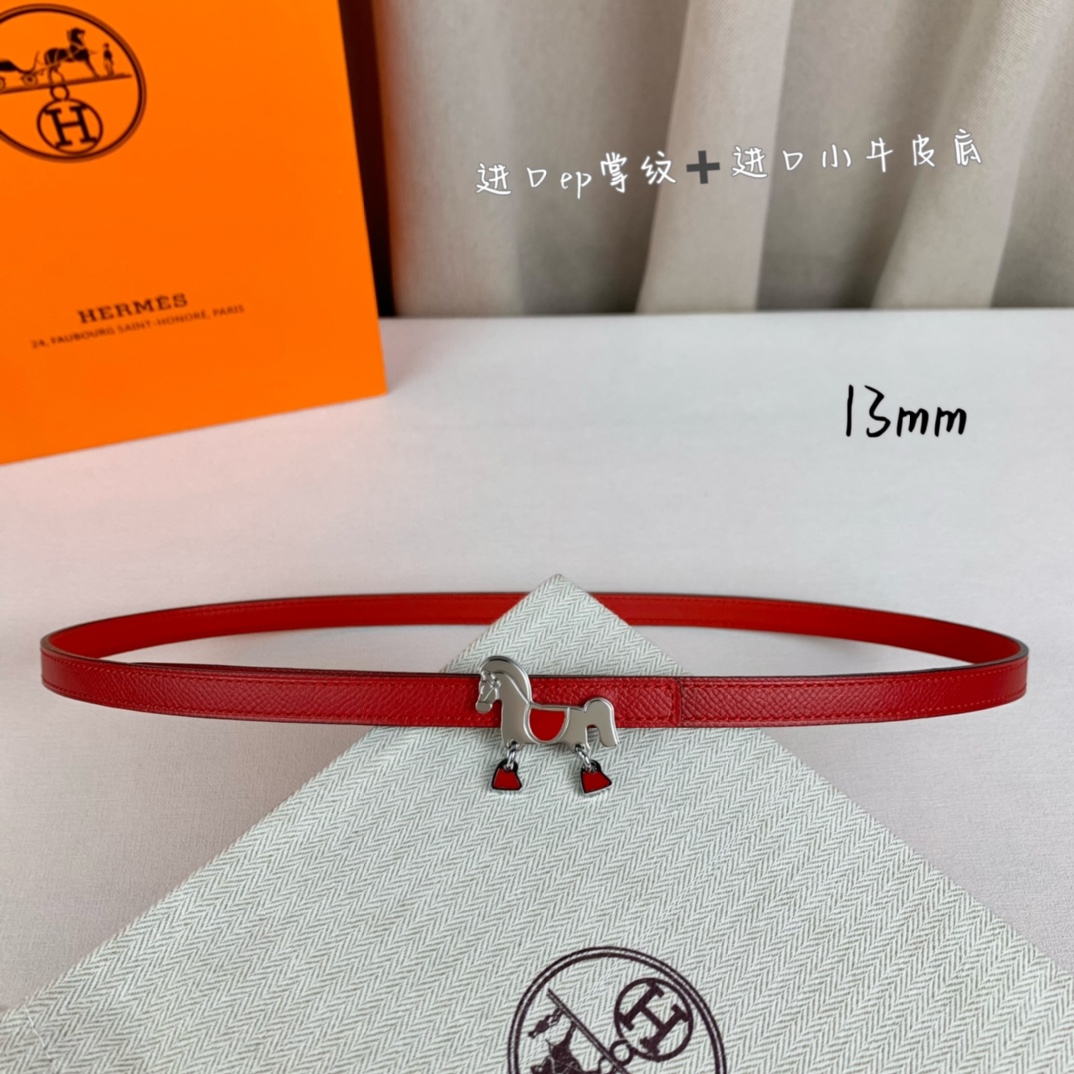 HermÃ¨s Red Calfskin Leather 13mm Belt with Gold Horse Buckle