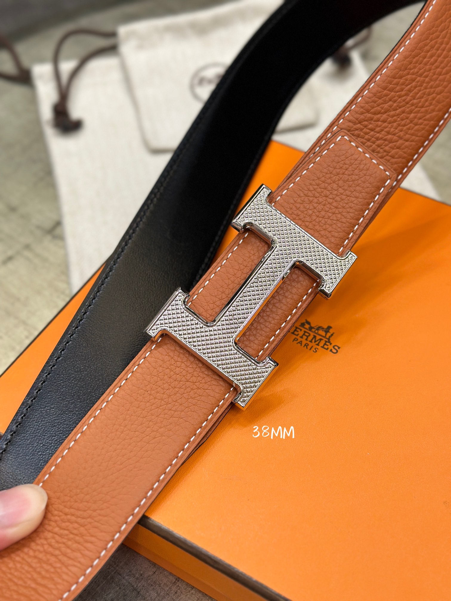 HermÃ¨s Reversible Leather Belt 38mm with Silver H Buckle – Brown and Black