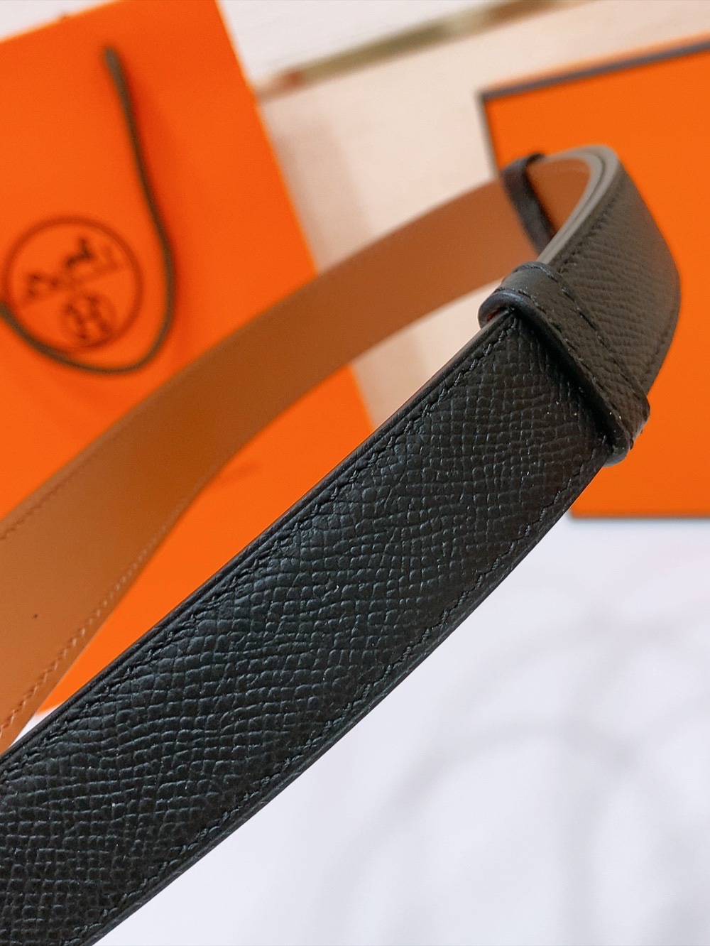 HermÃ¨s Style Black and Gold Brown Reversible Calfskin Belt with Palladium Kelly Buckle