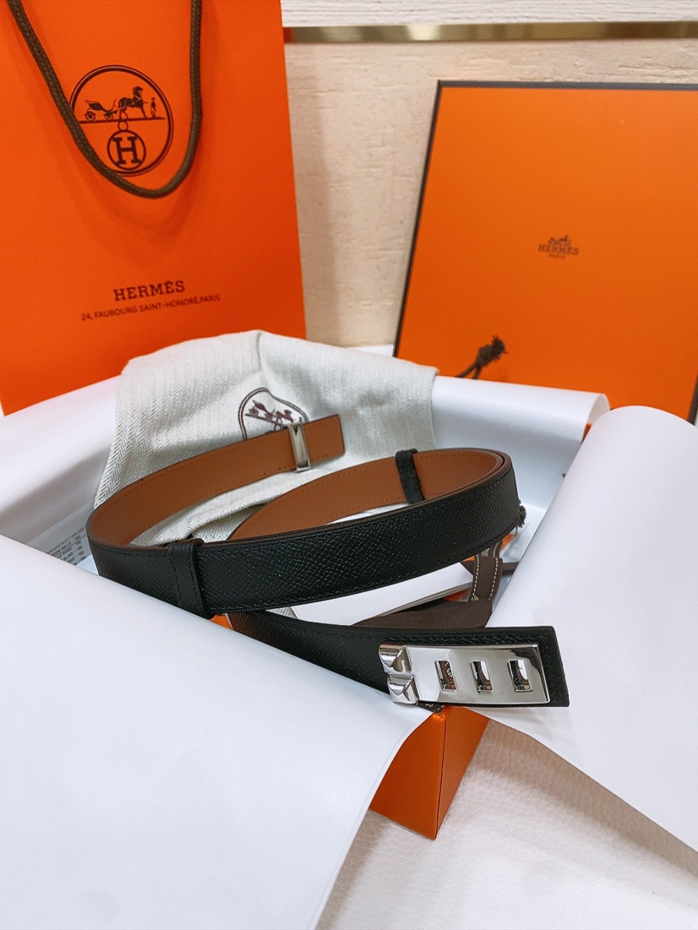 HermÃ¨s Style Black and Gold Brown Reversible Calfskin Belt with Palladium Kelly Buckle