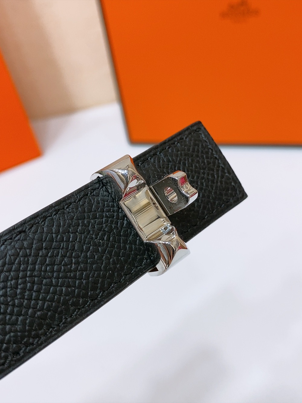 HermÃ¨s Style Black and Gold Brown Reversible Calfskin Belt with Palladium Kelly Buckle