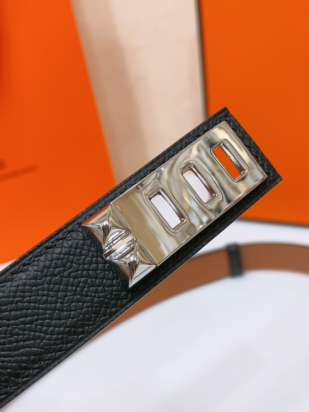 HermÃ¨s Style Black and Gold Brown Reversible Calfskin Belt with Palladium Kelly Buckle