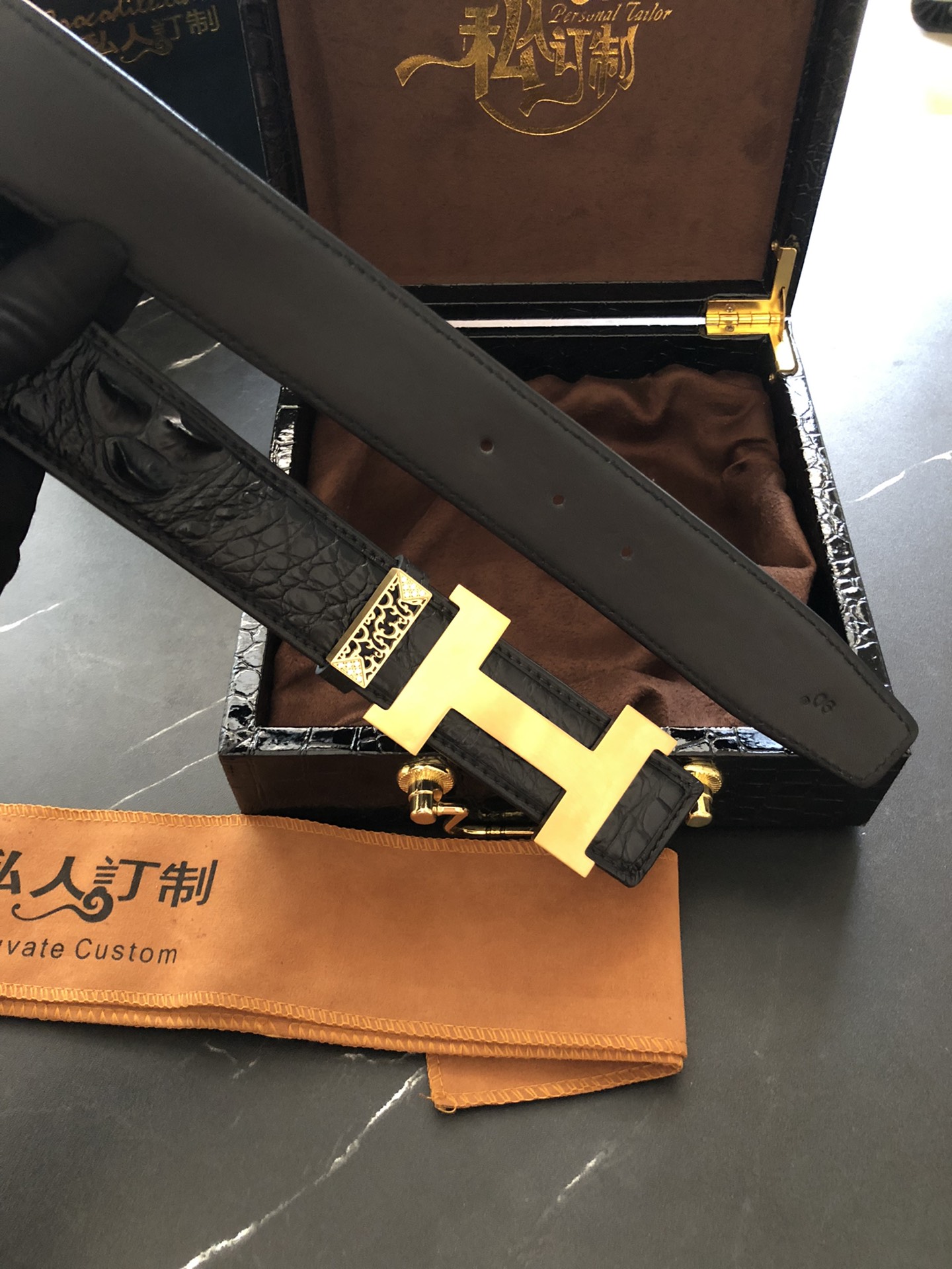 HermÃ¨s Style Black Crocodile-Embossed Leather Belt in Gold Tone Hardware