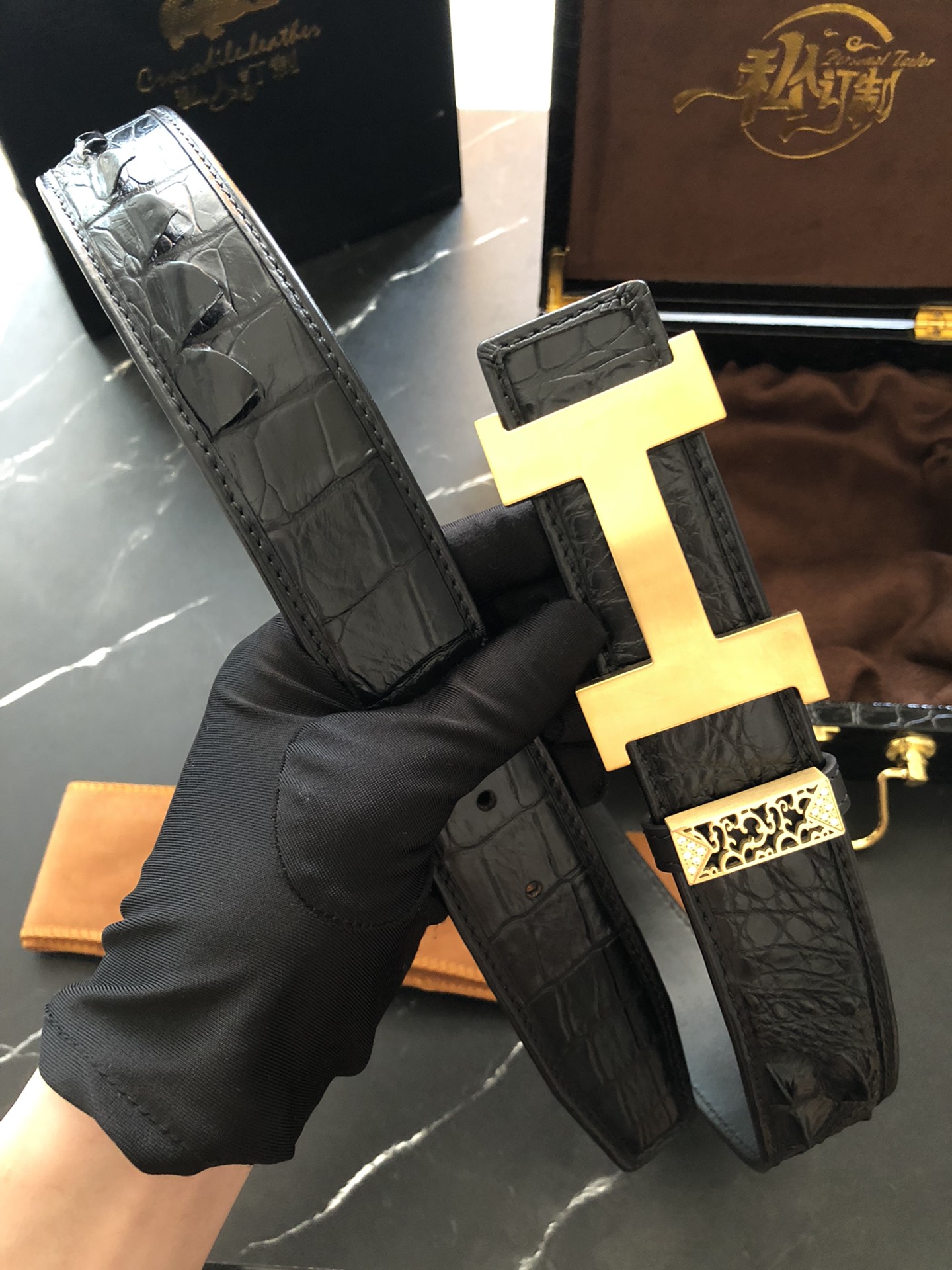 HermÃ¨s Style Black Crocodile-Embossed Leather Belt in Gold Tone Hardware