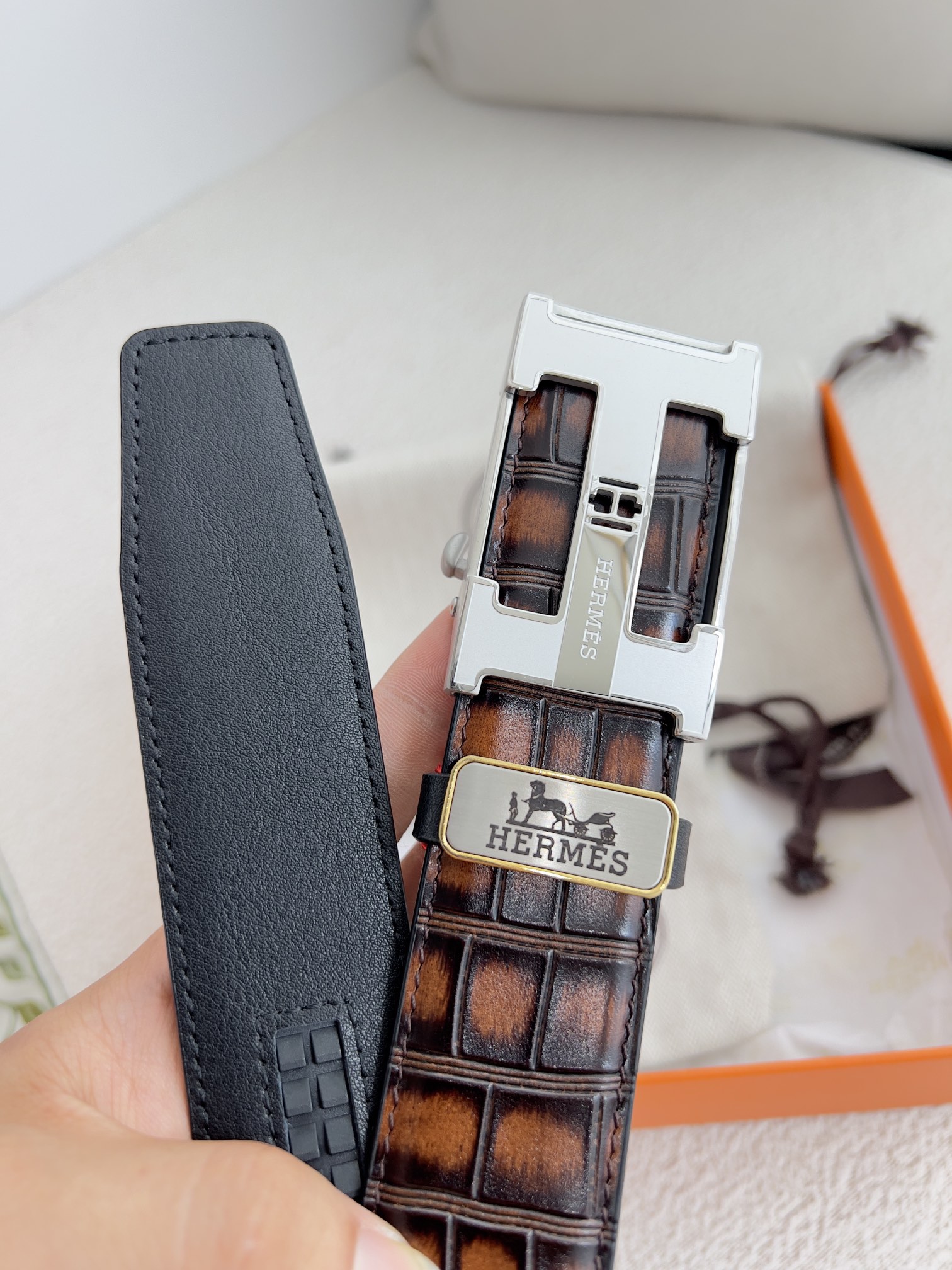 Hermès Style Brown Check Embossed Calfskin Belt with Palladium H Buckle