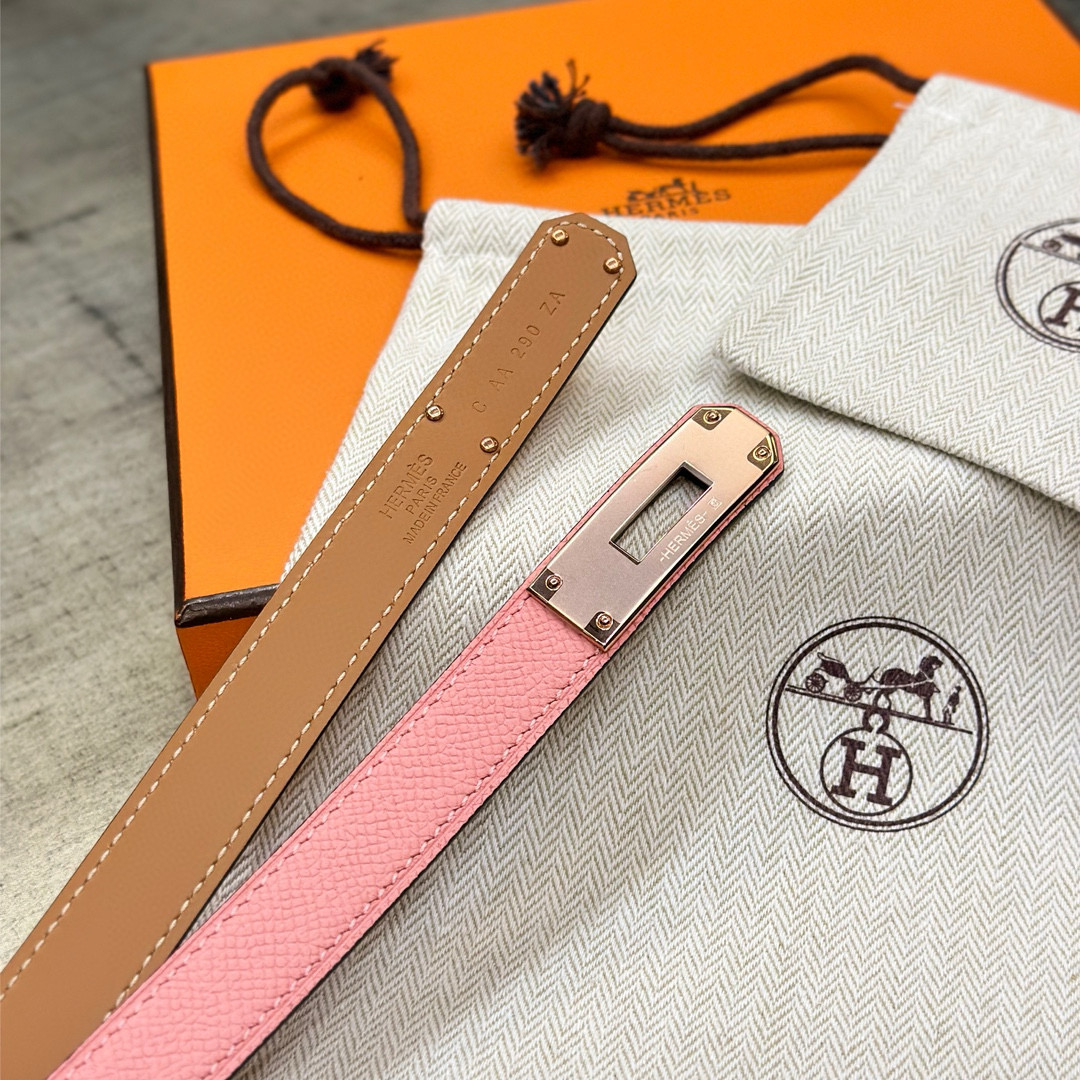 HermÃ¨s-Style Pink Leather Belt with Rose-Gold Turn-Lock Buckle