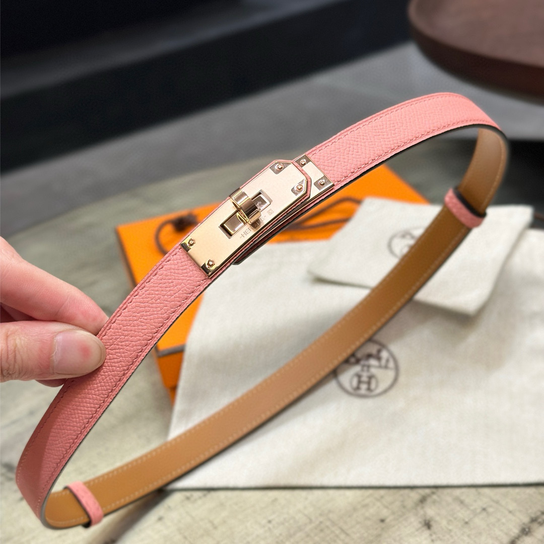 HermÃ¨s-Style Pink Leather Belt with Rose-Gold Turn-Lock Buckle