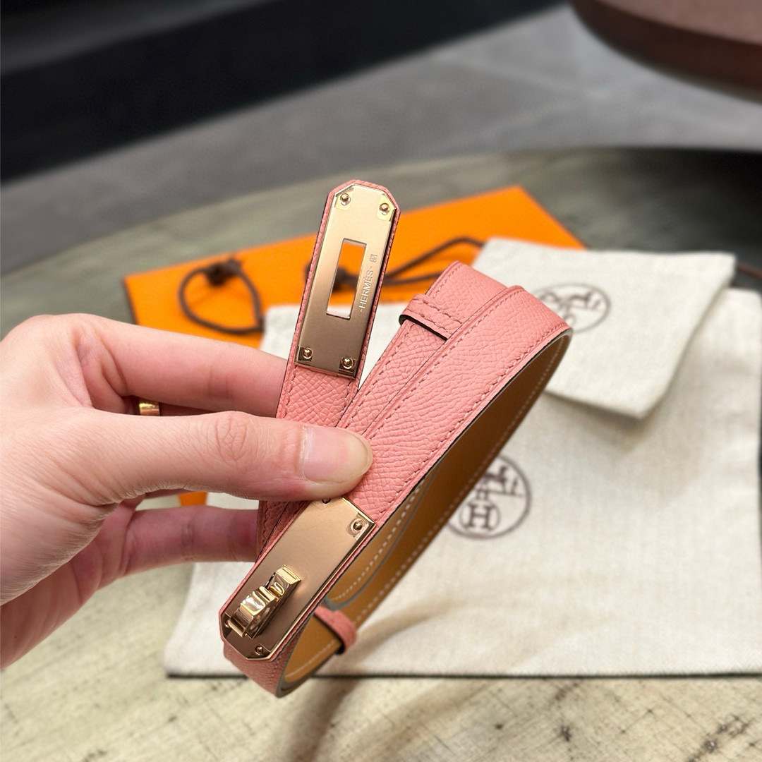 HermÃ¨s-Style Pink Leather Belt with Rose-Gold Turn-Lock Buckle
