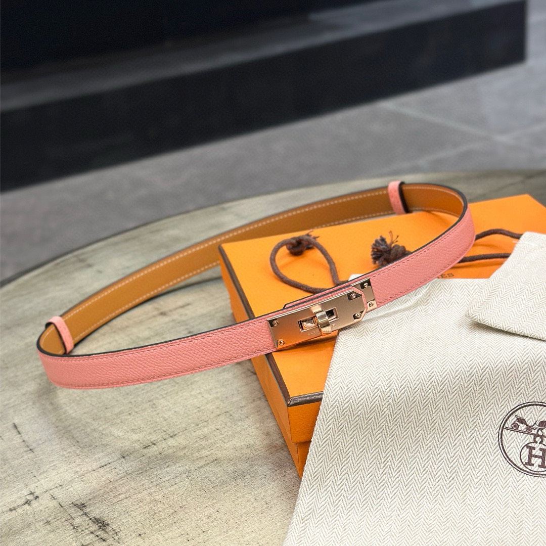 HermÃ¨s-Style Pink Leather Belt with Rose-Gold Turn-Lock Buckle