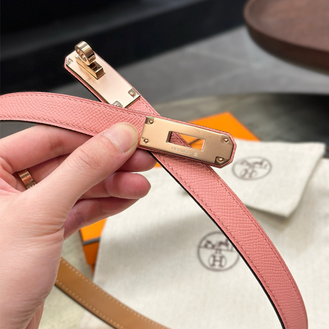 HermÃ¨s-Style Pink Leather Belt with Rose-Gold Turn-Lock Buckle