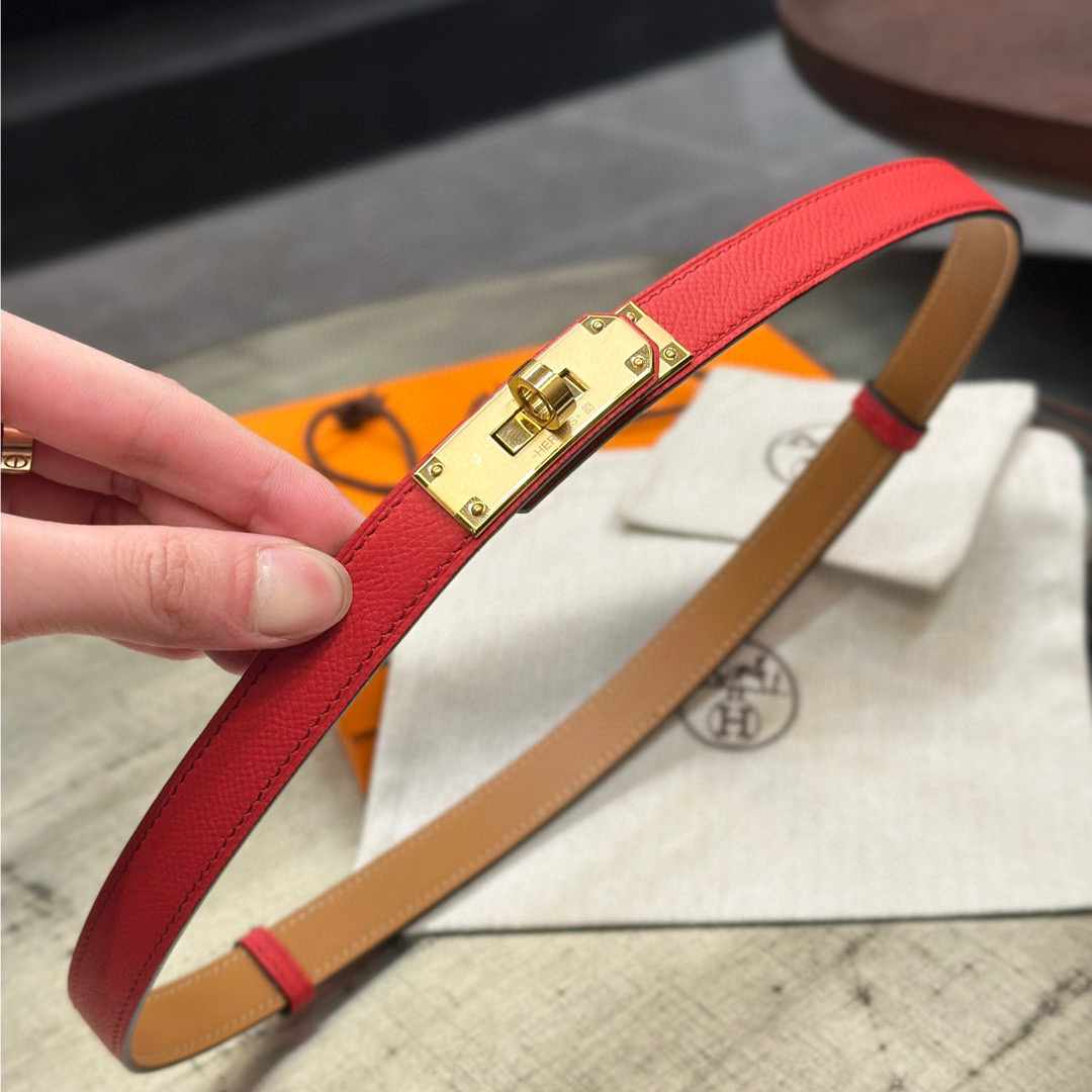 HermÃ¨s-Style Red Leather Belt with Gold-Tone Turn-Lock Buckle