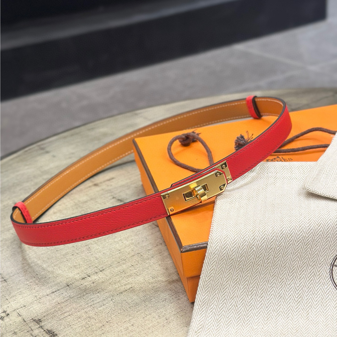 HermÃ¨s-Style Red Leather Belt with Gold-Tone Turn-Lock Buckle