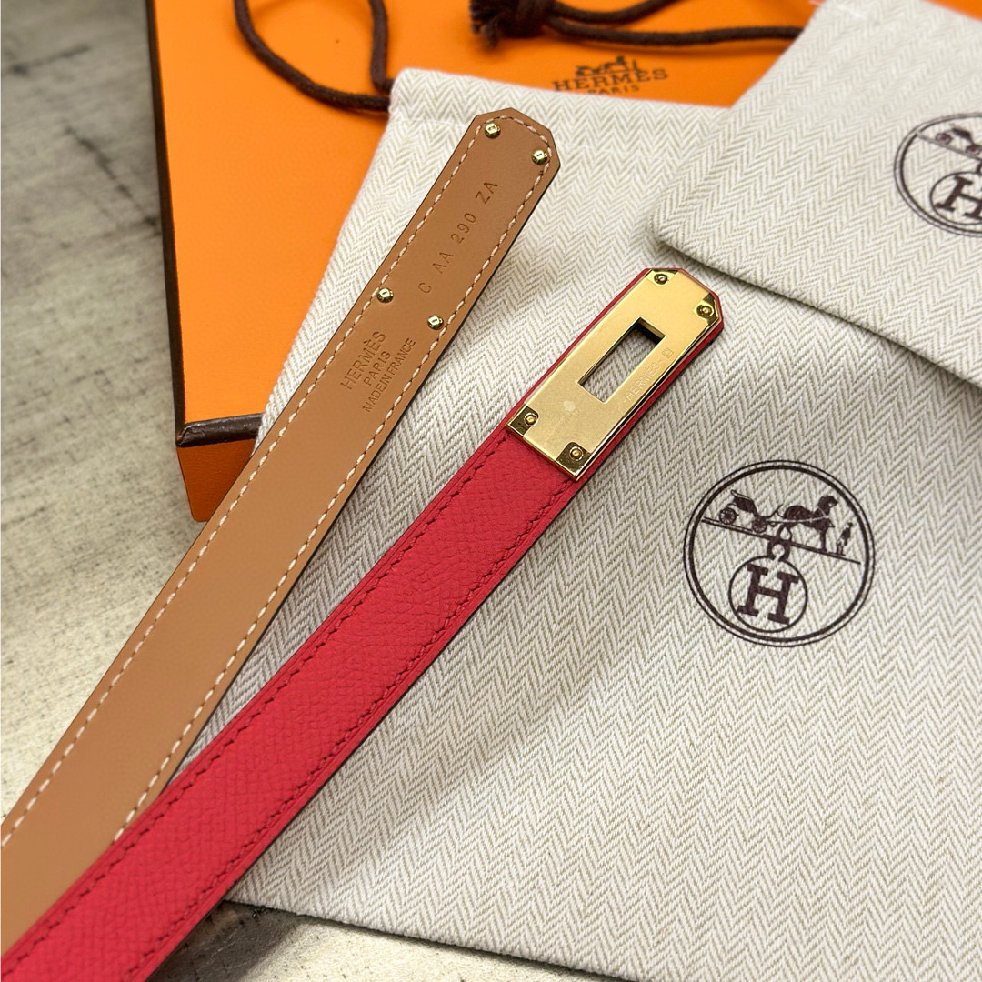 HermÃ¨s-Style Red Leather Belt with Gold-Tone Turn-Lock Buckle