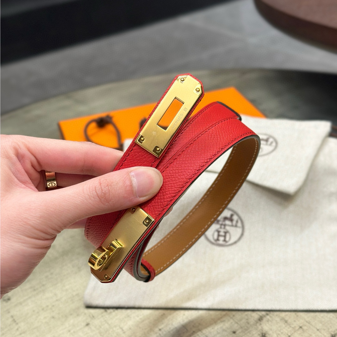 HermÃ¨s-Style Red Leather Belt with Gold-Tone Turn-Lock Buckle