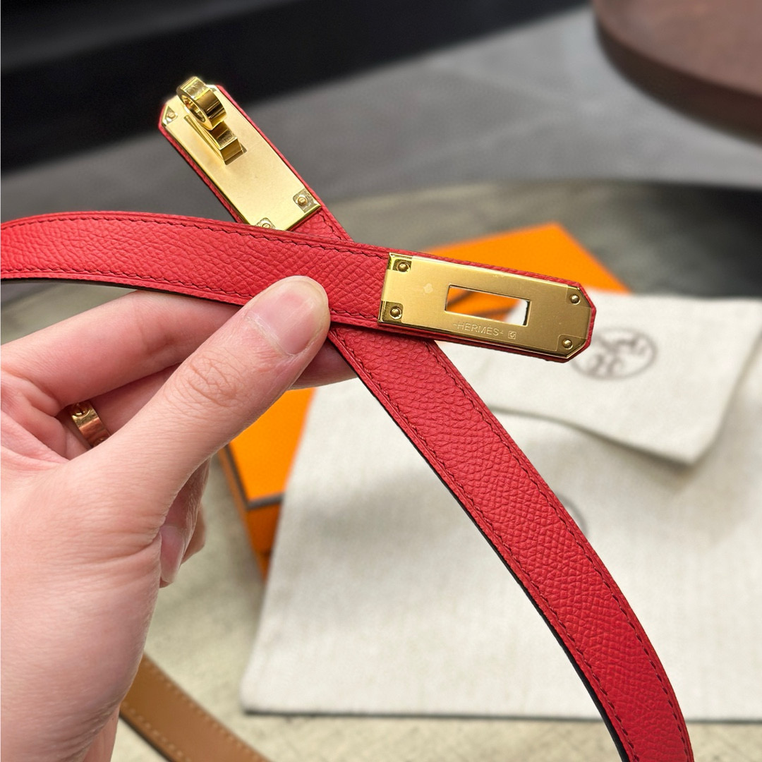 HermÃ¨s-Style Red Leather Belt with Gold-Tone Turn-Lock Buckle
