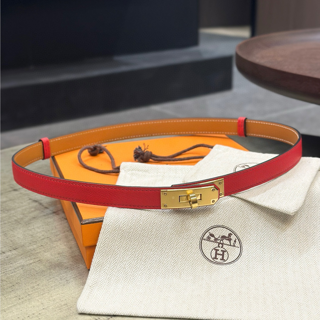 HermÃ¨s-Style Red Leather Belt with Gold-Tone Turn-Lock Buckle