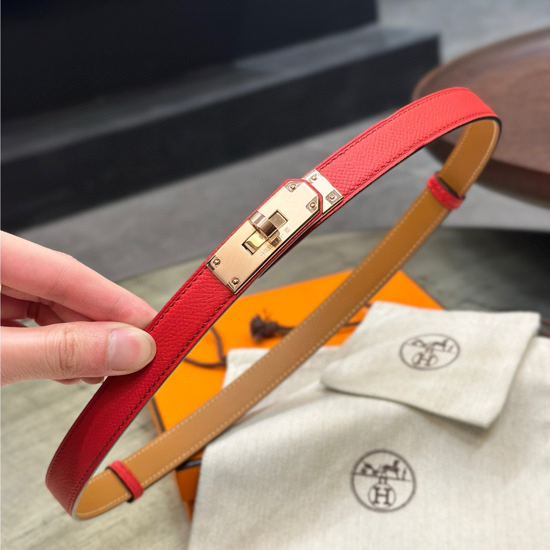 HermÃ¨s-Style Red Leather Belt with Rose-Gold Turn-Lock
