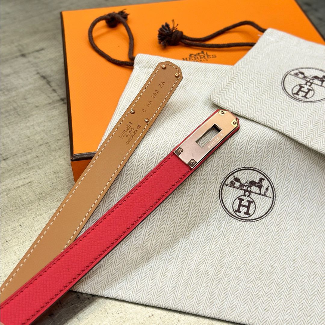 HermÃ¨s-Style Red Leather Belt with Rose-Gold Turn-Lock