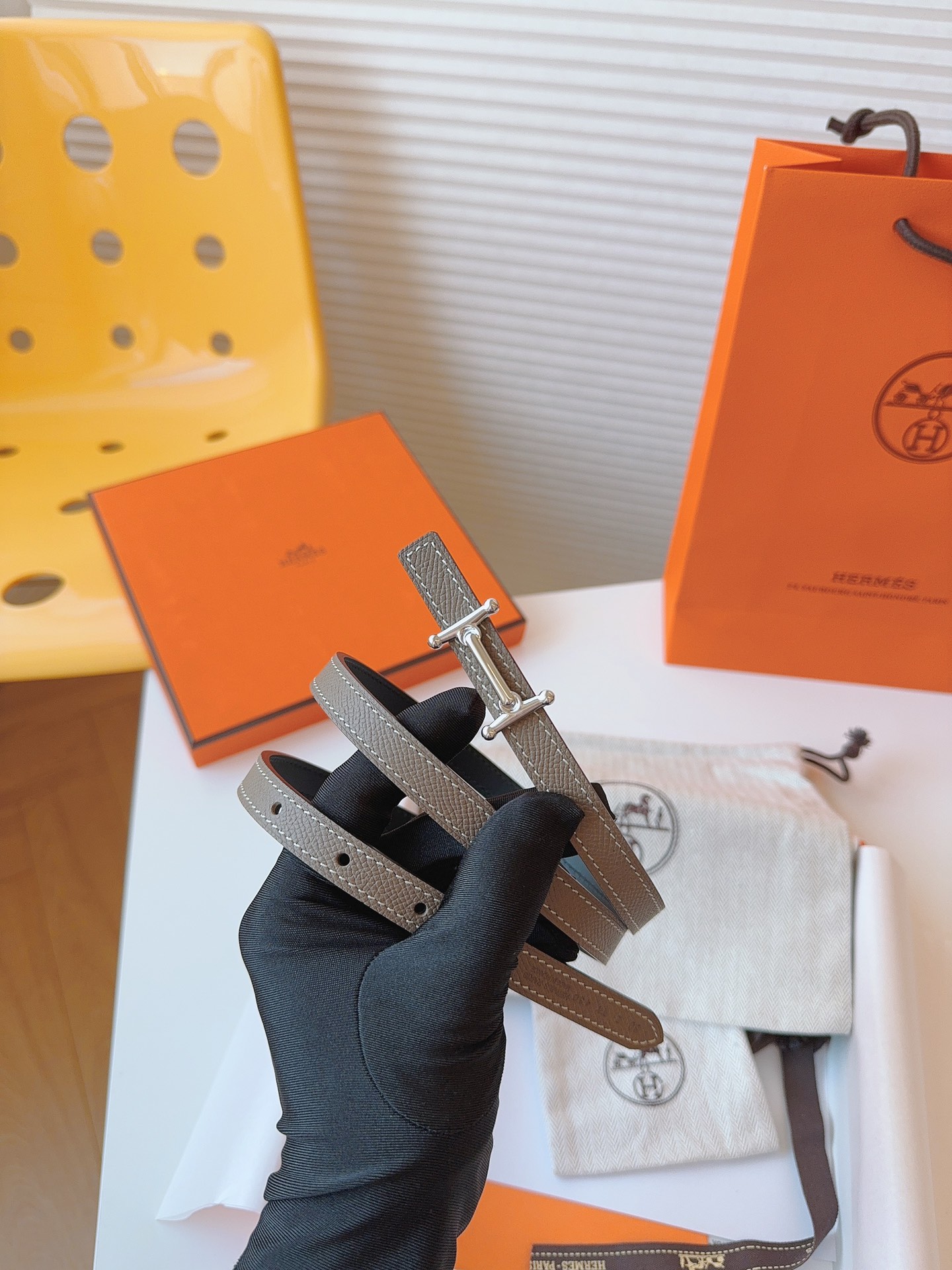 Hermes Etoupe Swift Leather Belt silver