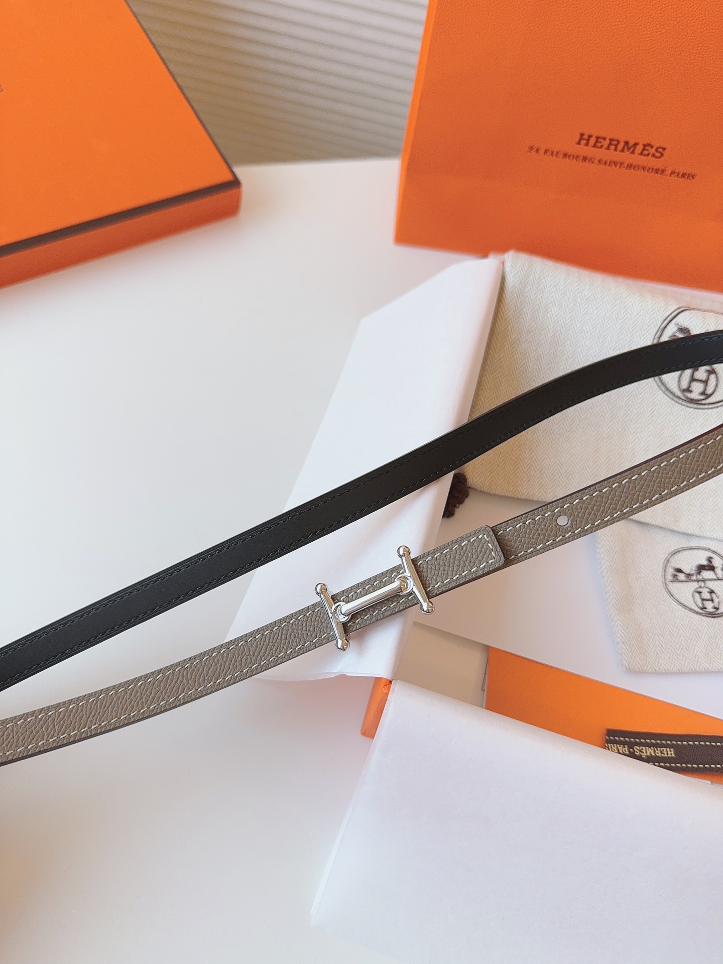 HermÃ¨s Taupe Leather Belt with Silver H Buckle