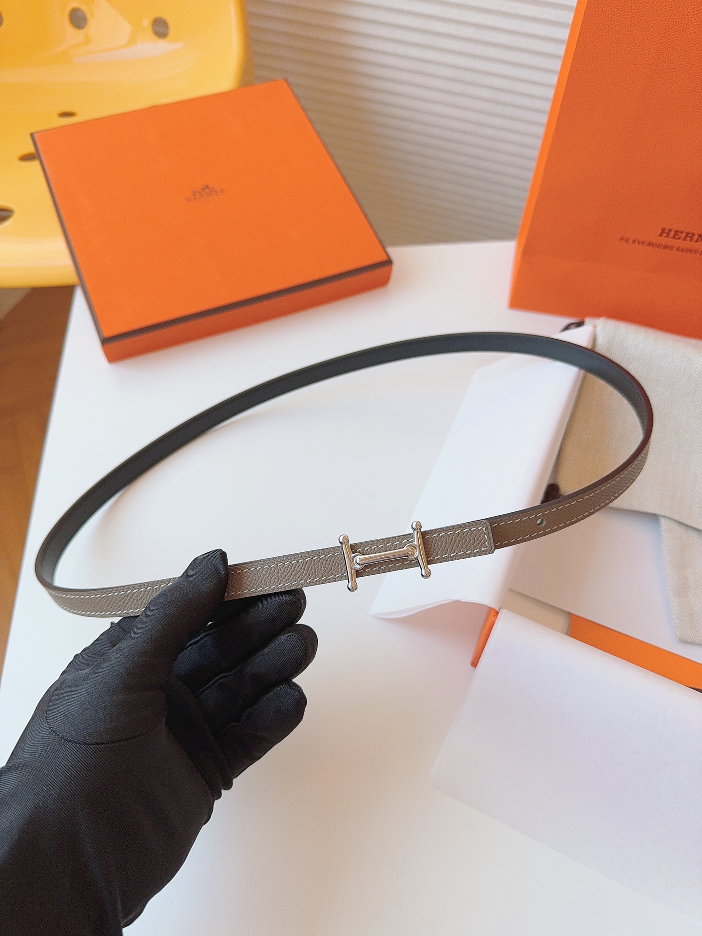 HermÃ¨s Taupe Leather Belt with Silver H Buckle