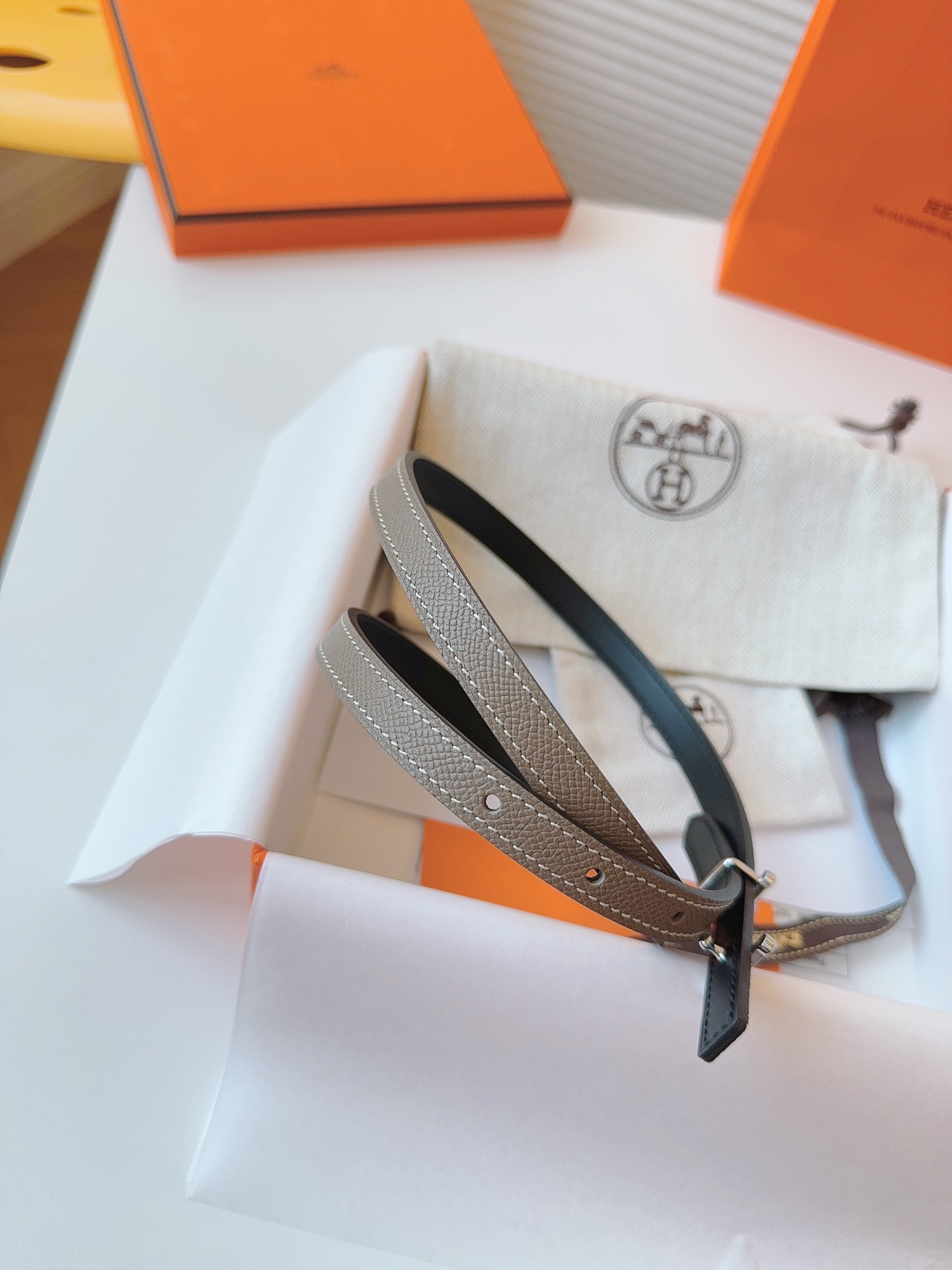 HermÃ¨s Taupe Leather Belt with Silver H Buckle