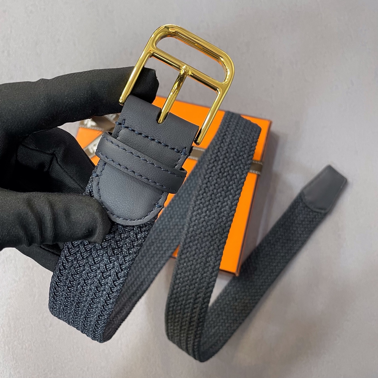 HermÃ¨s Woven Fabric Belt with Gold Buckle â€“ Black & Grey Leather Trim