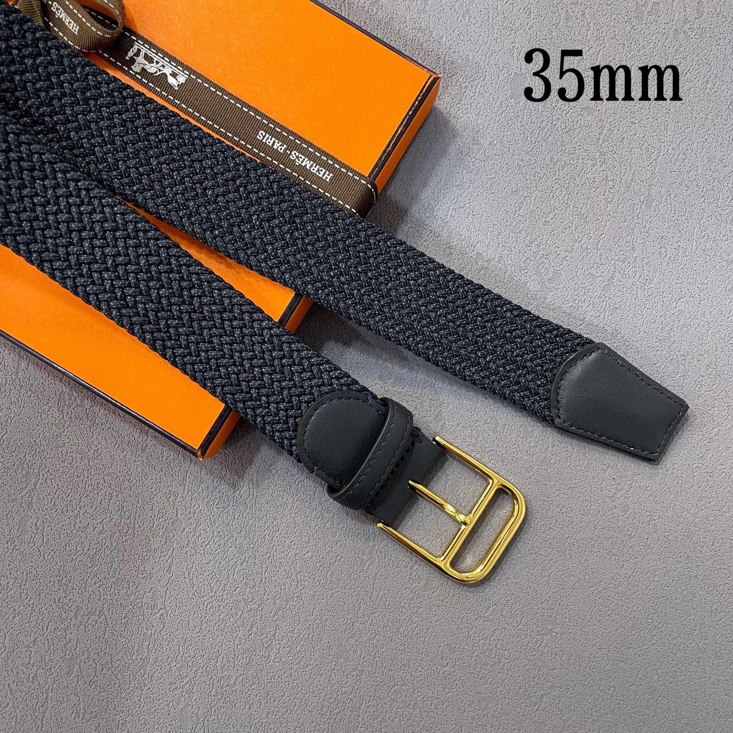 HermÃ¨s Woven Fabric Belt with Gold Buckle â€“ Black & Grey Leather Trim