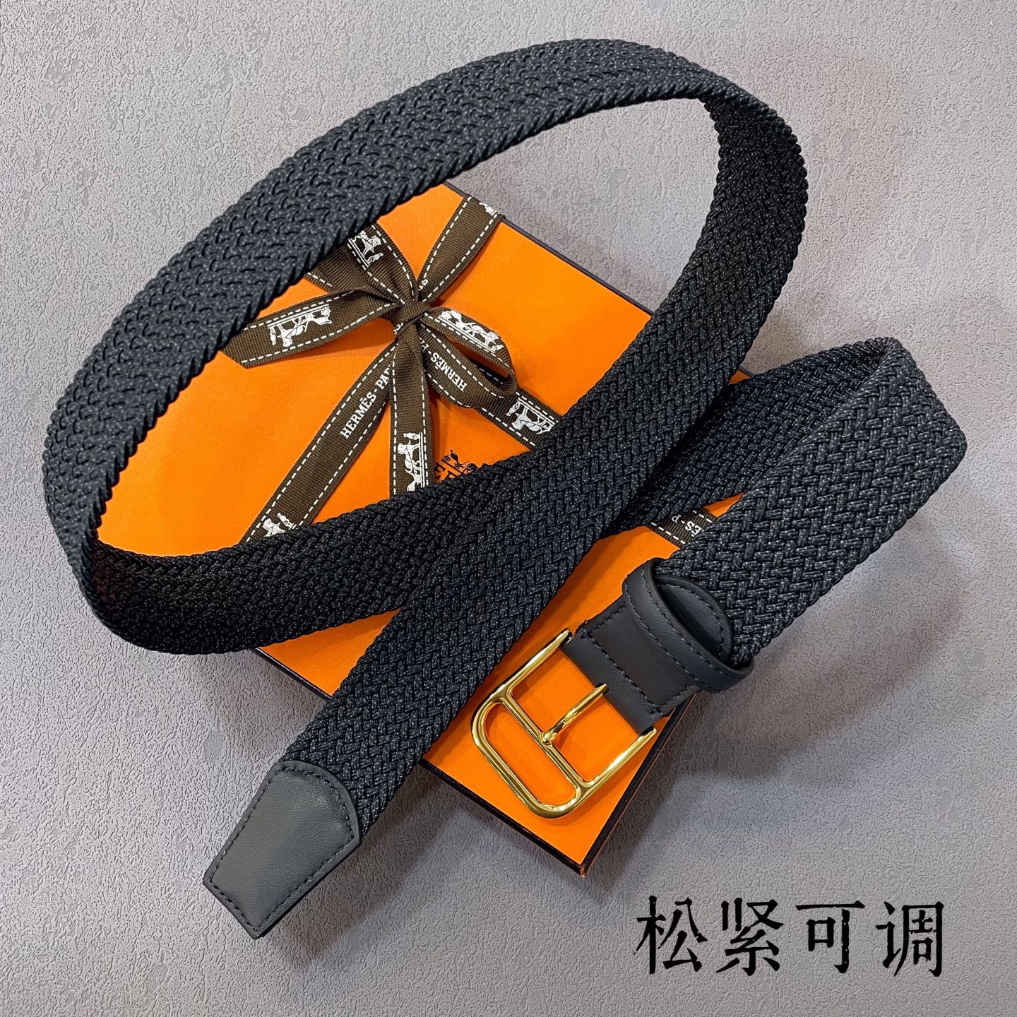 HermÃ¨s Woven Fabric Belt with Gold Buckle â€“ Black & Grey Leather Trim