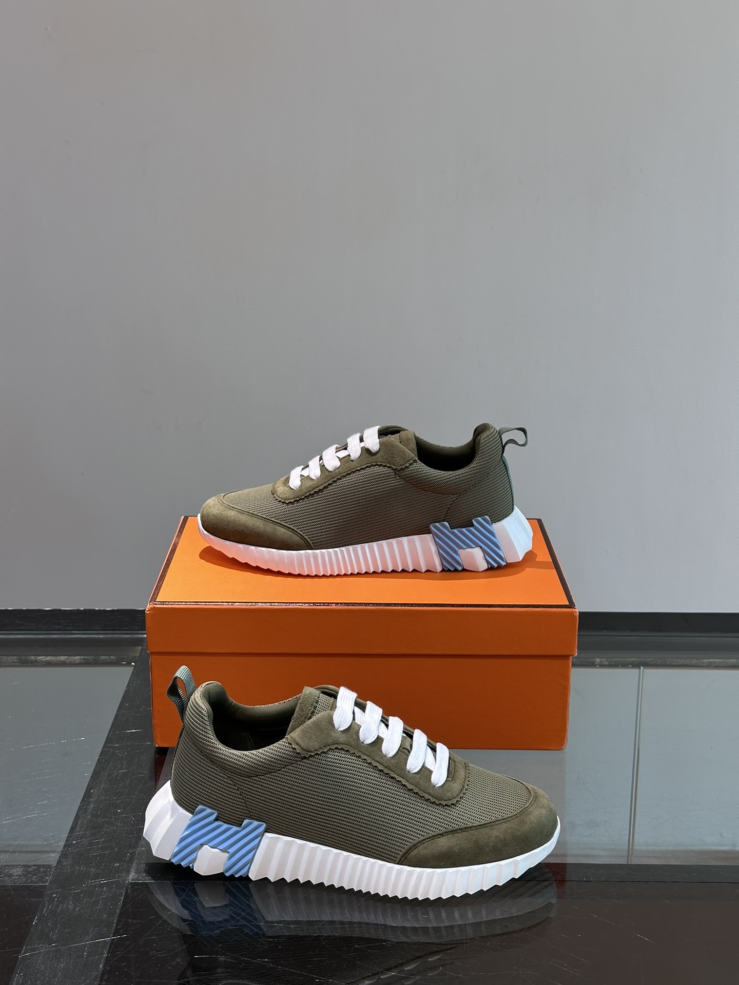 Hermes  Air Mesh Suede Goatskin Bouncing Sneakers  Vert D’eau Celadon