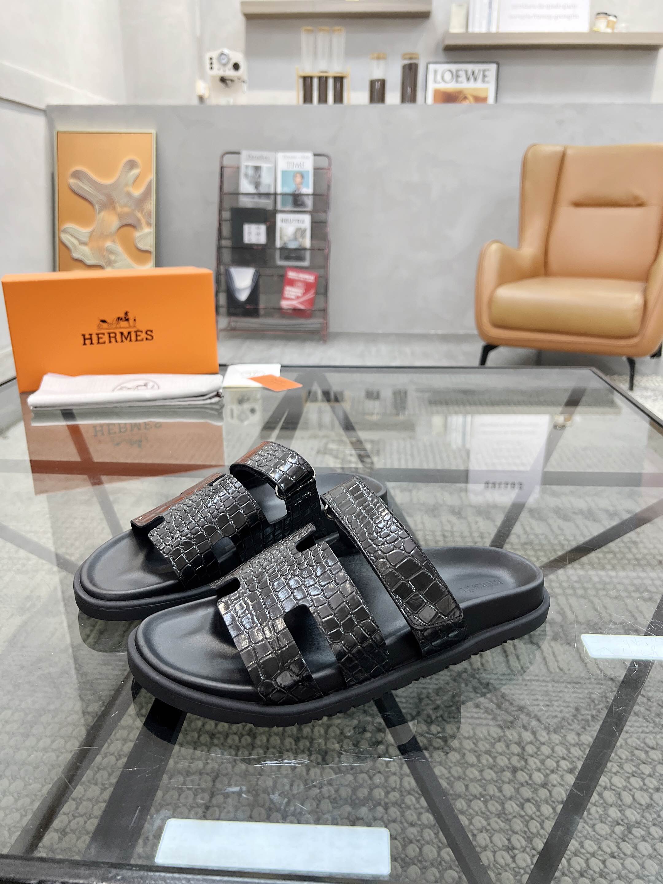 Hermès Black Crocodile Leather Slides - Triple Strap Design